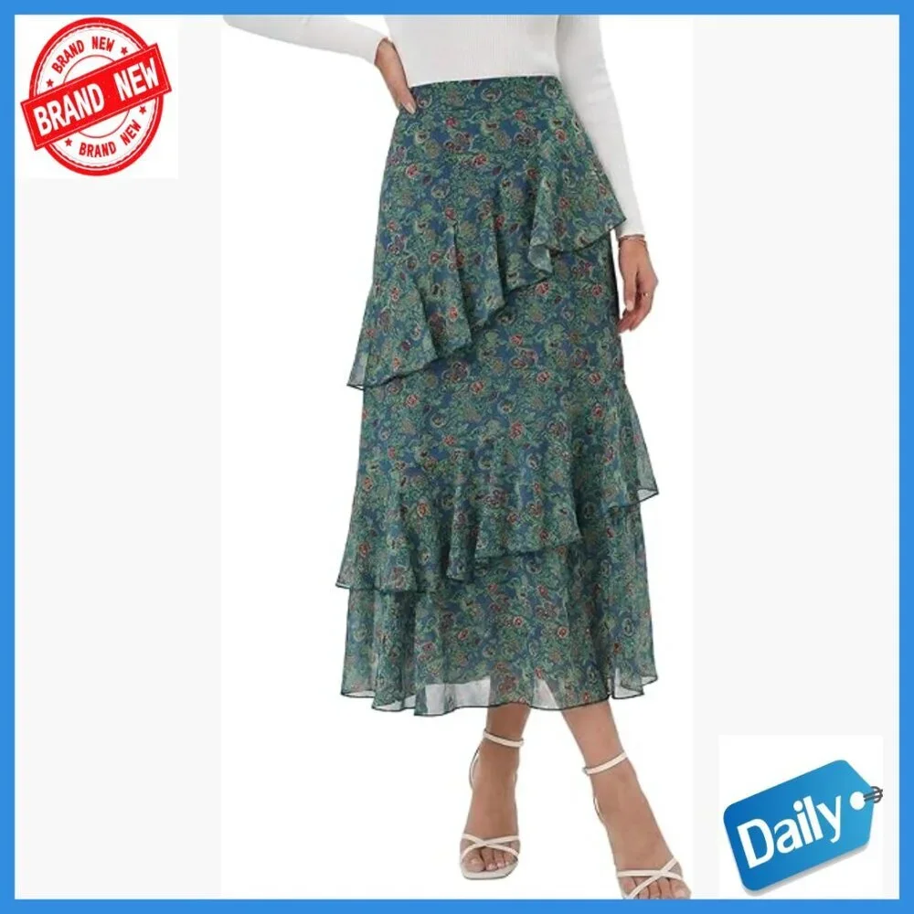 Flowy Chiffon Midi Skirt High Waist A-Line Ruffle Hem Boho Style